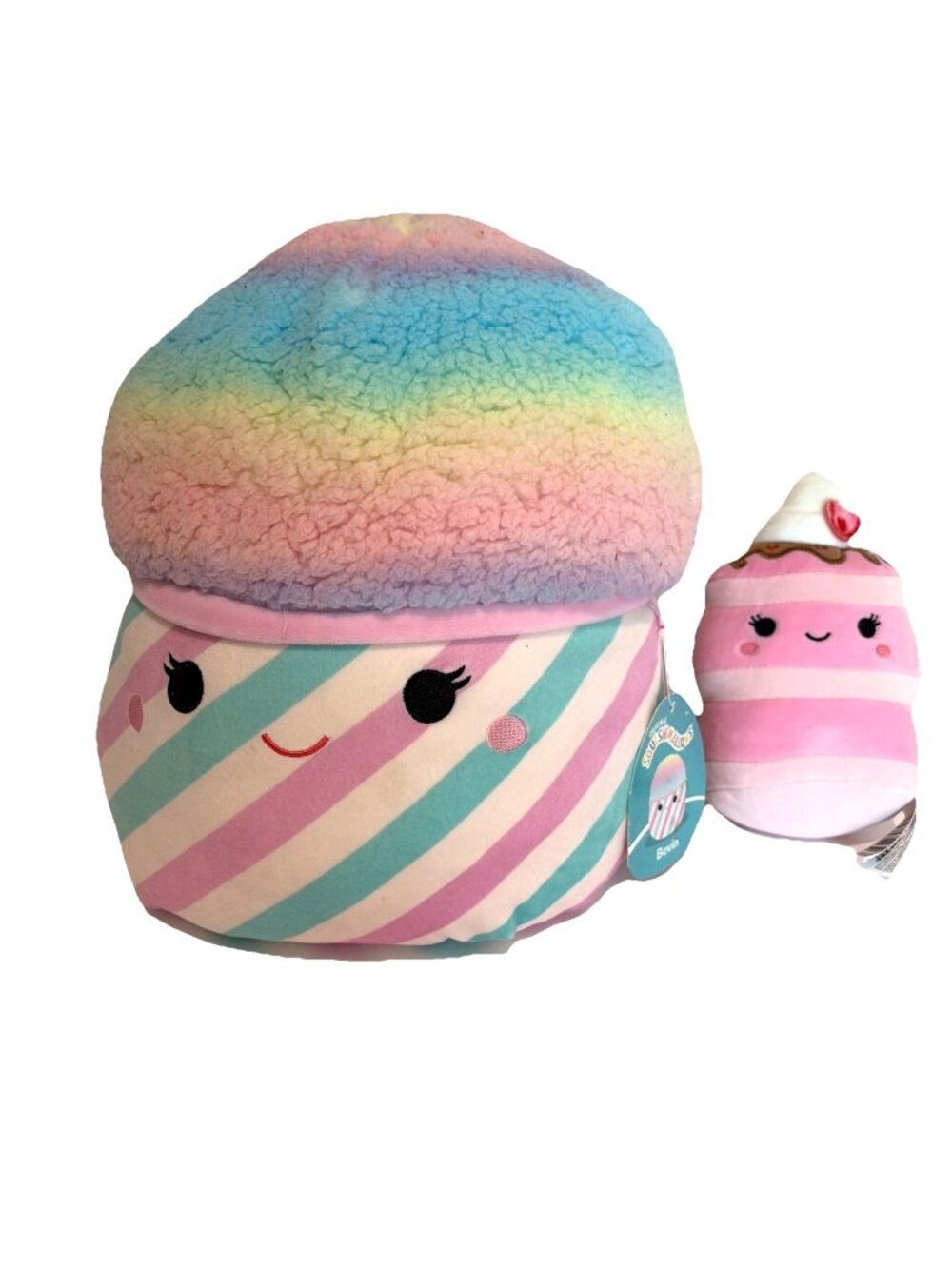 2 Squishmallows Bevin Rainbow Cotton Candy 11" & Shelly Strawberry Pancake 7"
